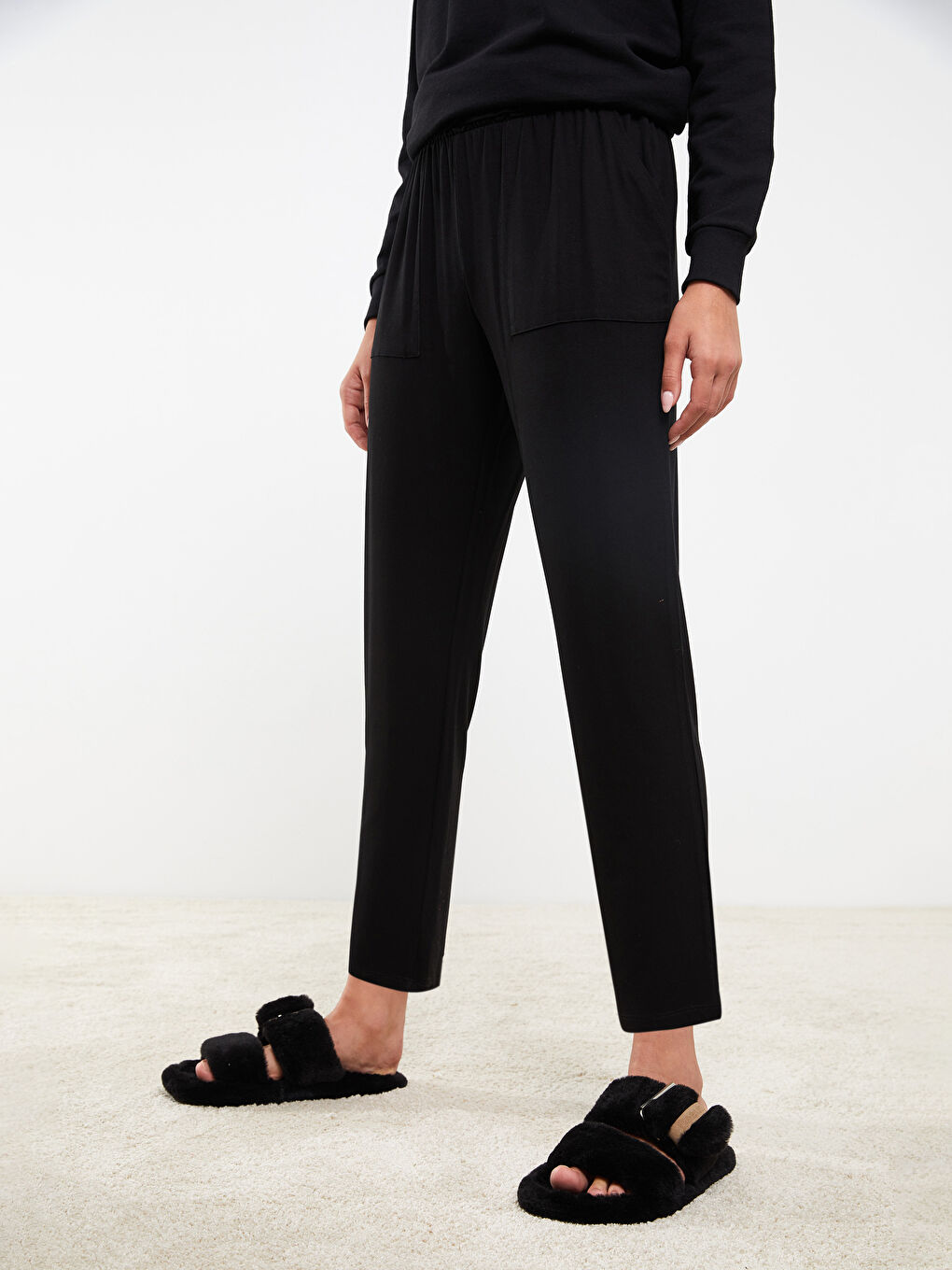 Siyah Kadın Beli Lastikli Düz  Pijama Altı-2