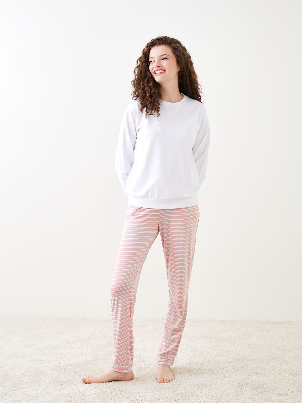 Pembe Beli Lastikli Çizgili Kadın Pijama Alt