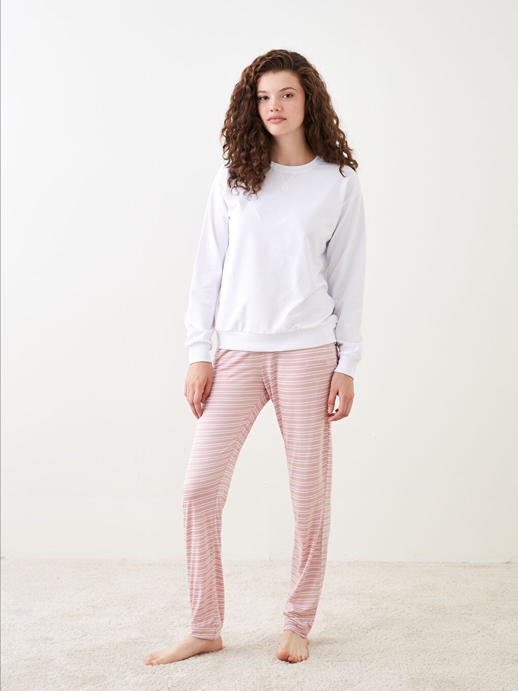 Pembe Beli Lastikli Çizgili Kadın Pijama Alt-1