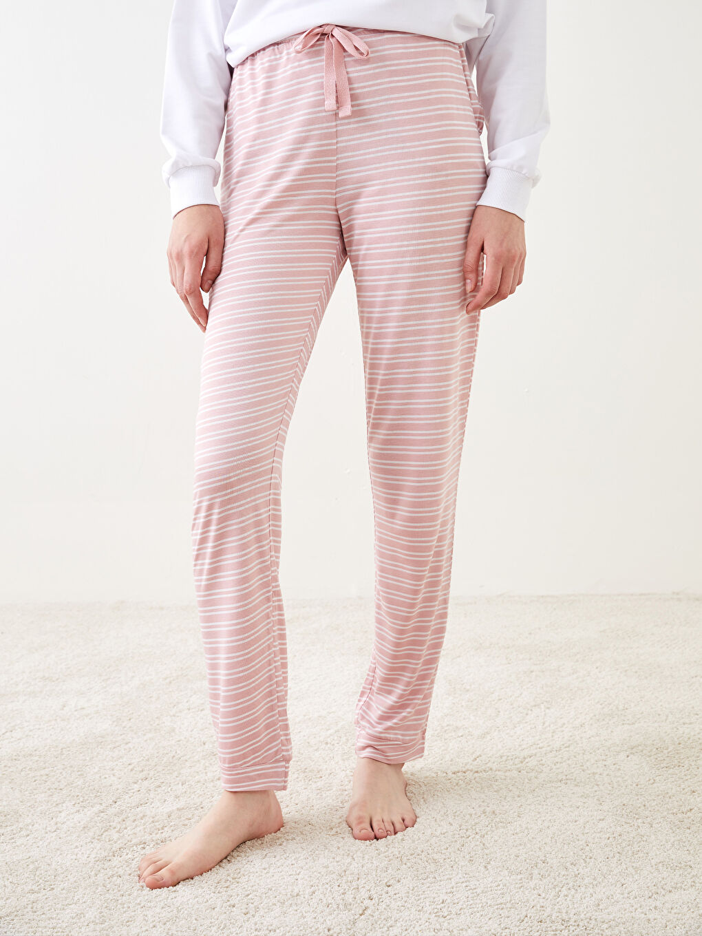 Pembe Beli Lastikli Çizgili Kadın Pijama Alt-3