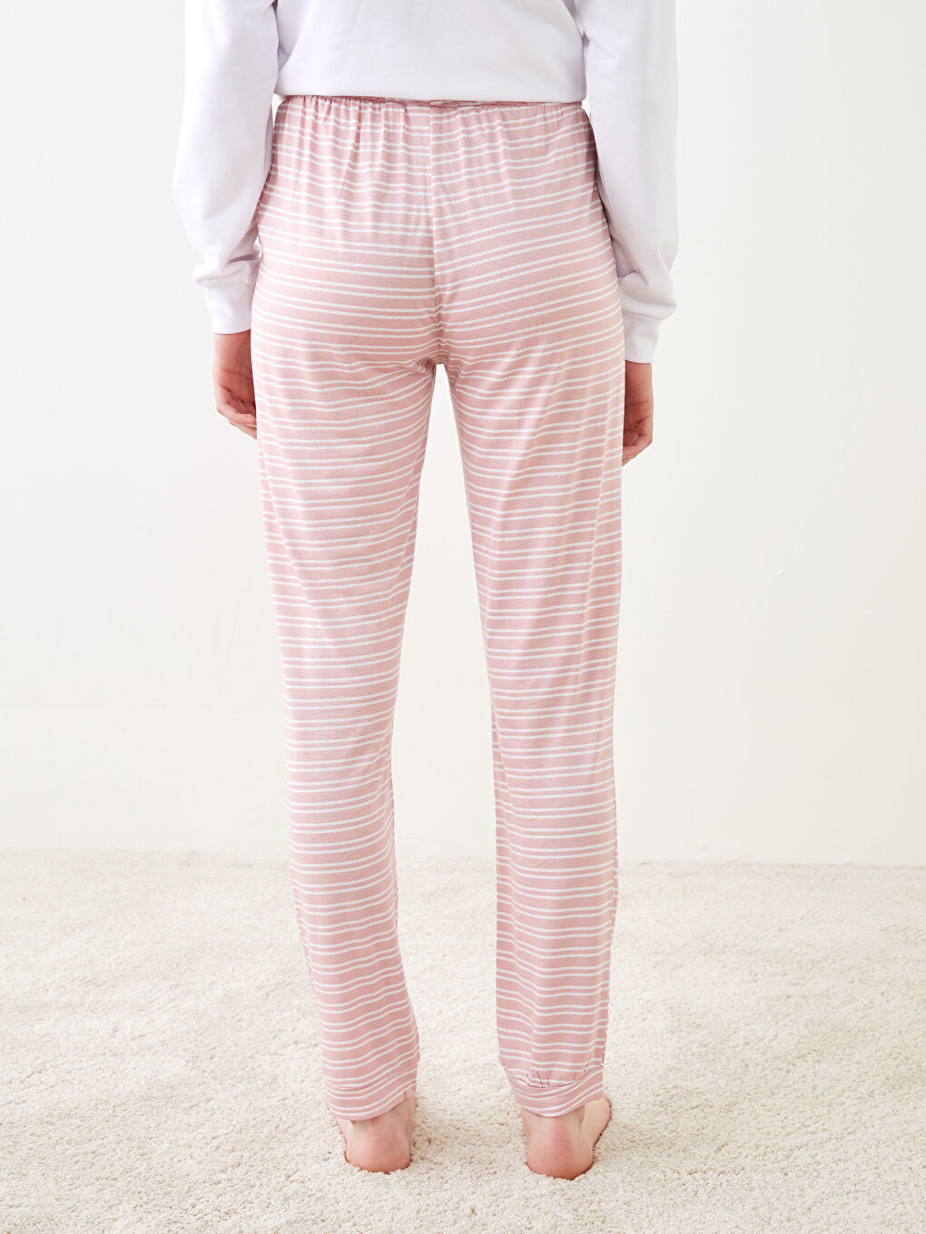 Pembe Beli Lastikli Çizgili Kadın Pijama Alt-4