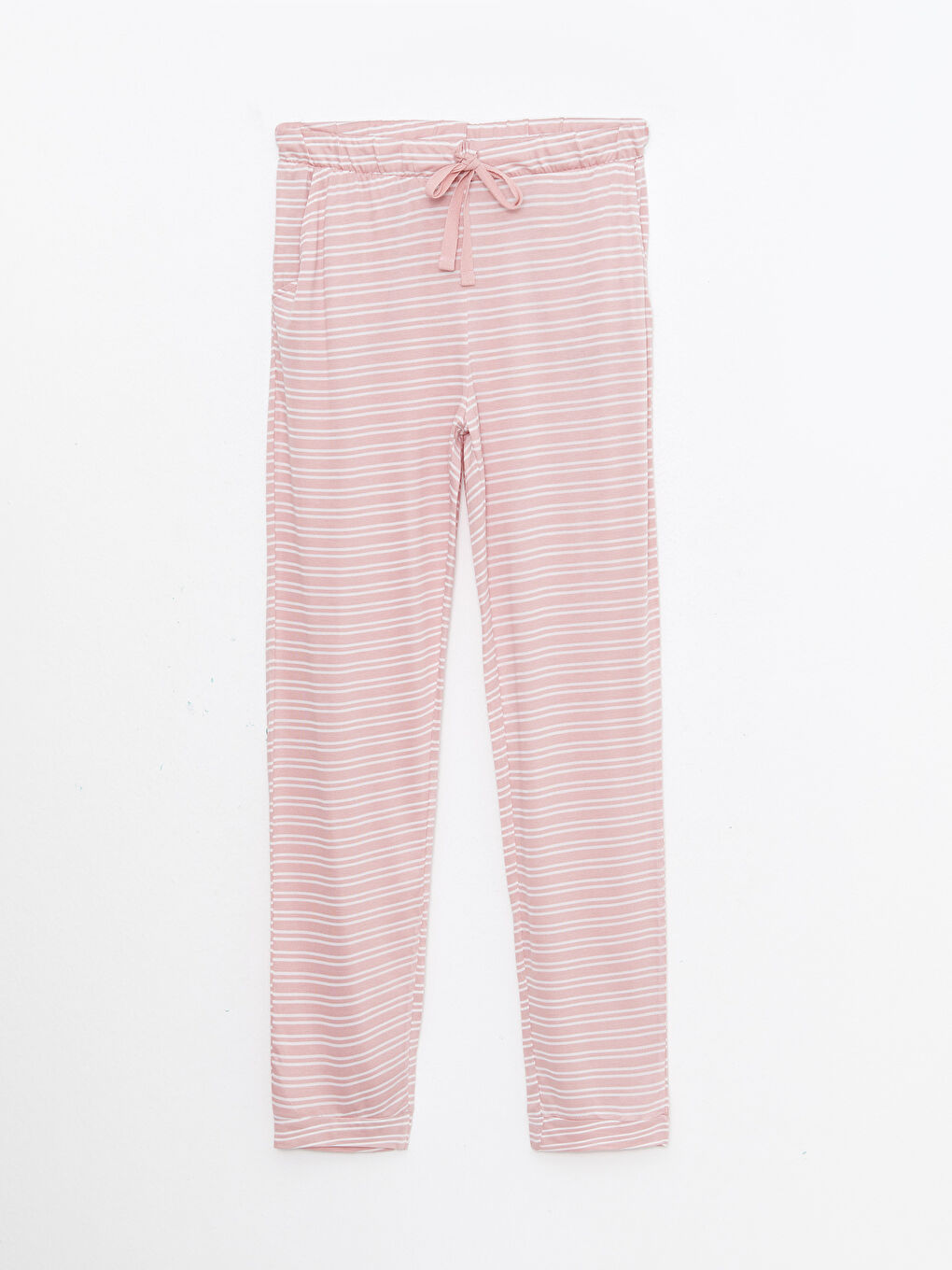 Pembe Beli Lastikli Çizgili Kadın Pijama Alt-5