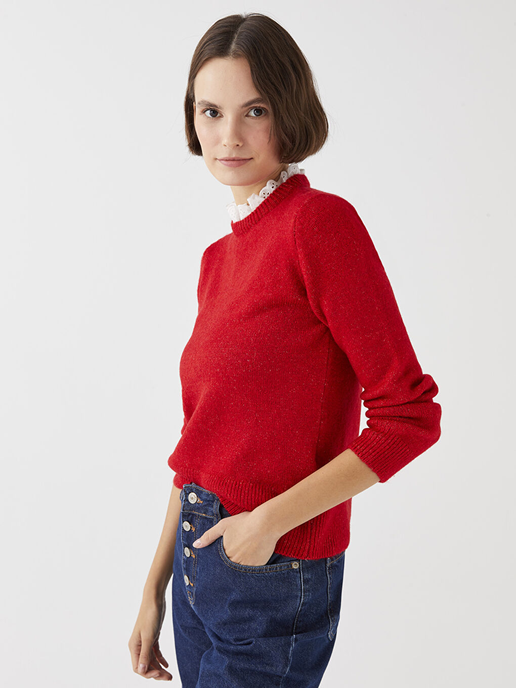 Pulover Tricotat pentru Femei cu Guler Înalt Volănaș și Mâneci Lungi Drepte