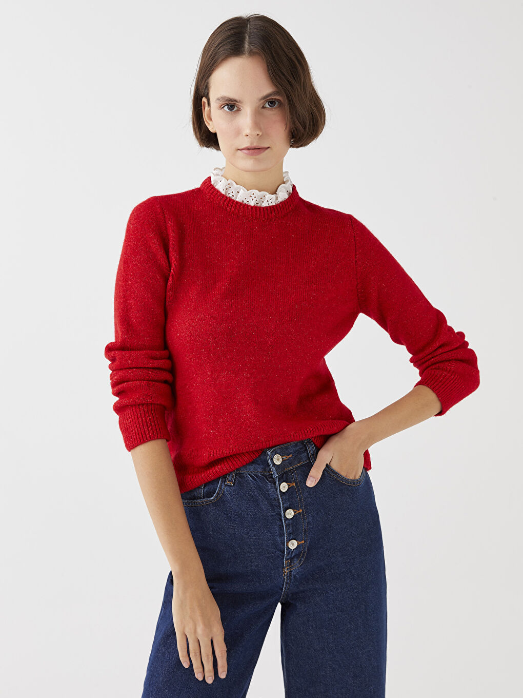 Pulover Tricotat pentru Femei cu Guler Înalt Volănaș și Mâneci Lungi Drepte-1