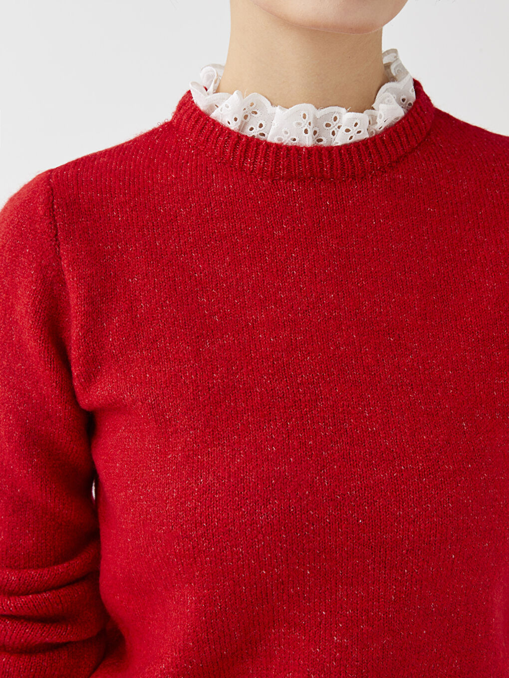 Pulover Tricotat pentru Femei cu Guler Înalt Volănaș și Mâneci Lungi Drepte-3