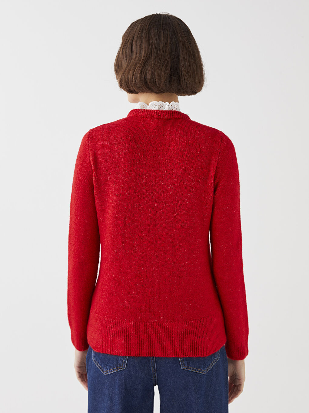 Pulover Tricotat pentru Femei cu Guler Înalt Volănaș și Mâneci Lungi Drepte-4