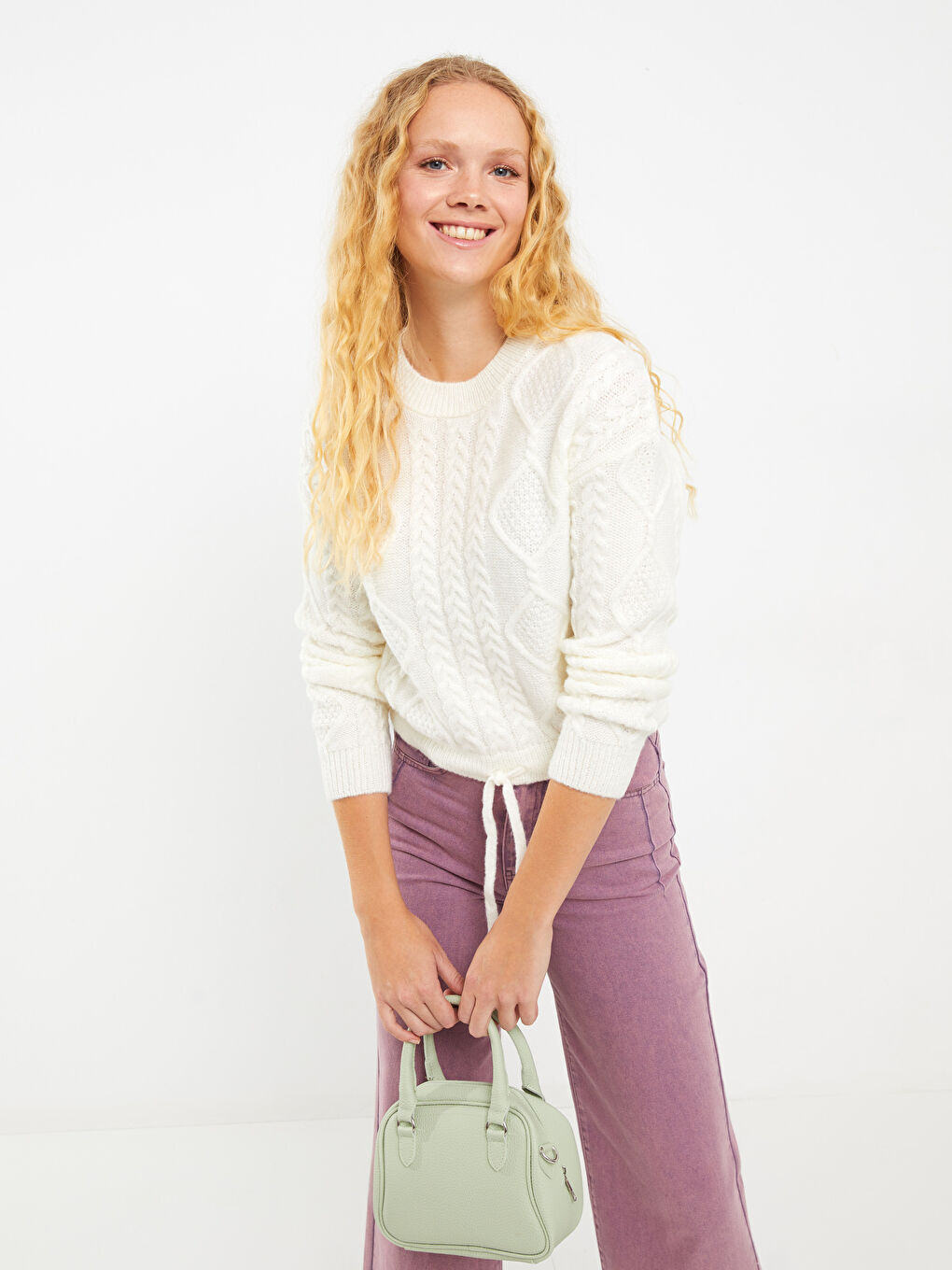 Ekru Bisiklet Yaka Kendinden Desenli Uzun Kollu Kadın Triko Kazak-1