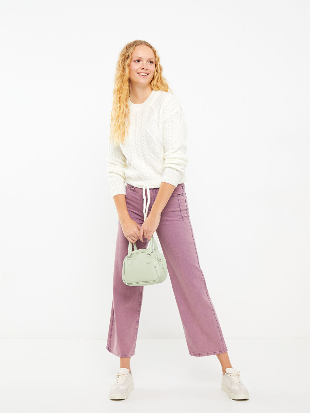 Ekru Bisiklet Yaka Kendinden Desenli Uzun Kollu Kadın Triko Kazak-2