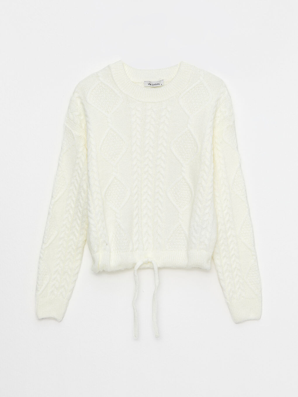 Ekru Bisiklet Yaka Kendinden Desenli Uzun Kollu Kadın Triko Kazak-5