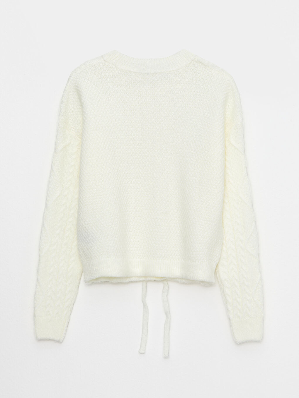 Ekru Bisiklet Yaka Kendinden Desenli Uzun Kollu Kadın Triko Kazak-6