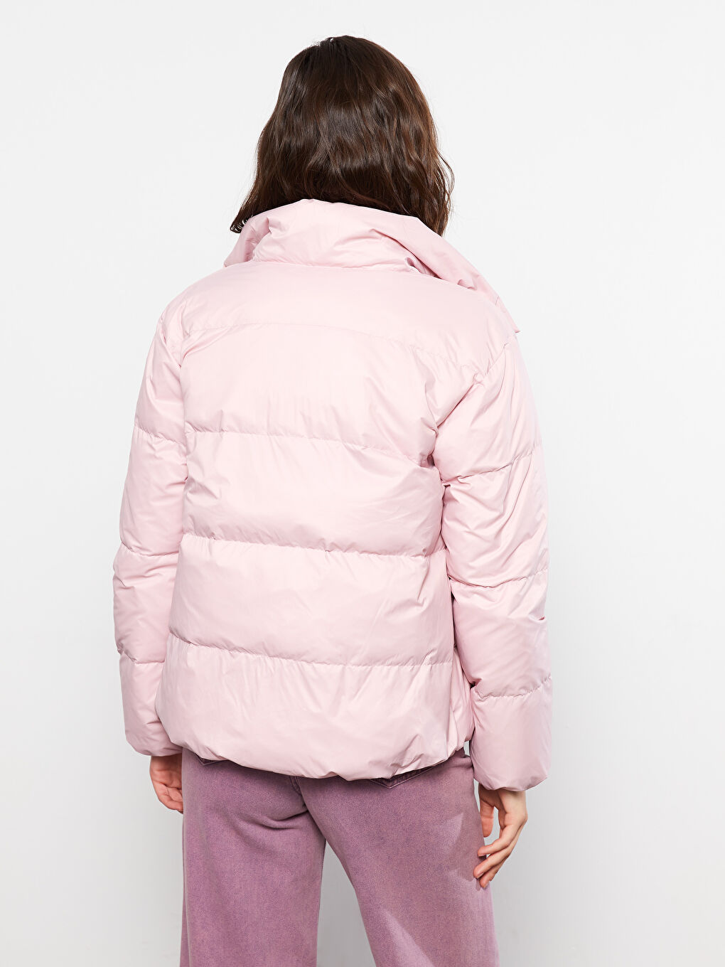 Pembe Dik Yaka Düz Uzun Kollu Kaz Tüyü Kadın Şişme Mont-4