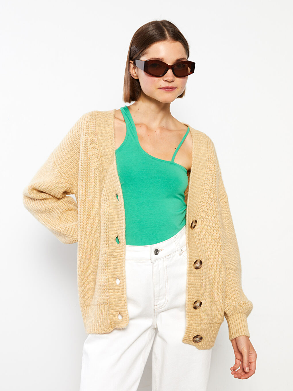 Kahverengi V Yaka Kadın Triko Hırka-1