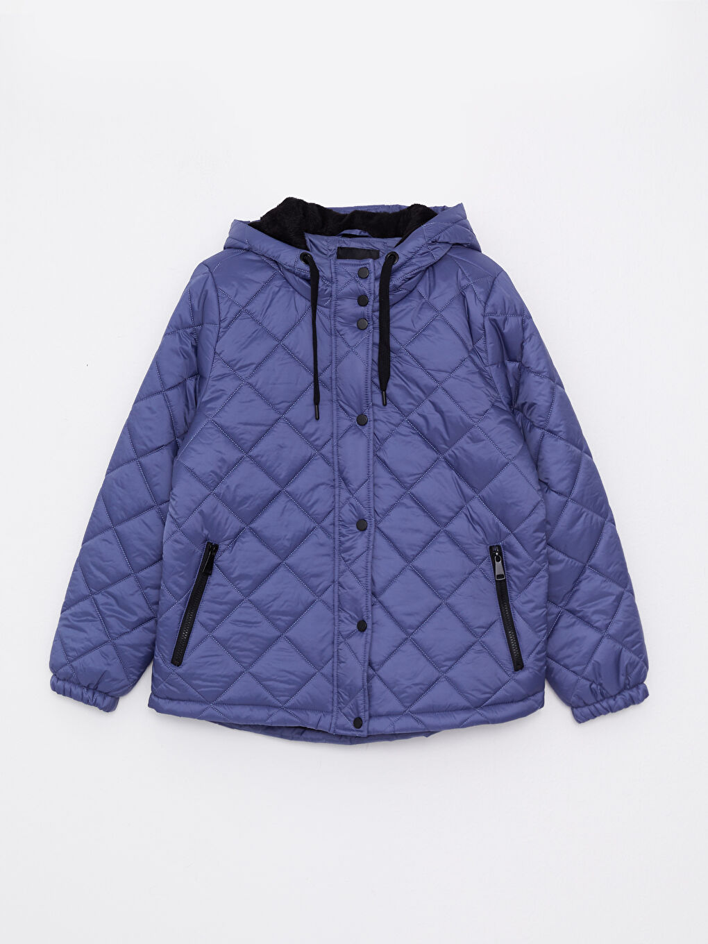 İndigo Kapüşonlu Kapitone Desenli Uzun Kollu Kadın Şişme Mont-7