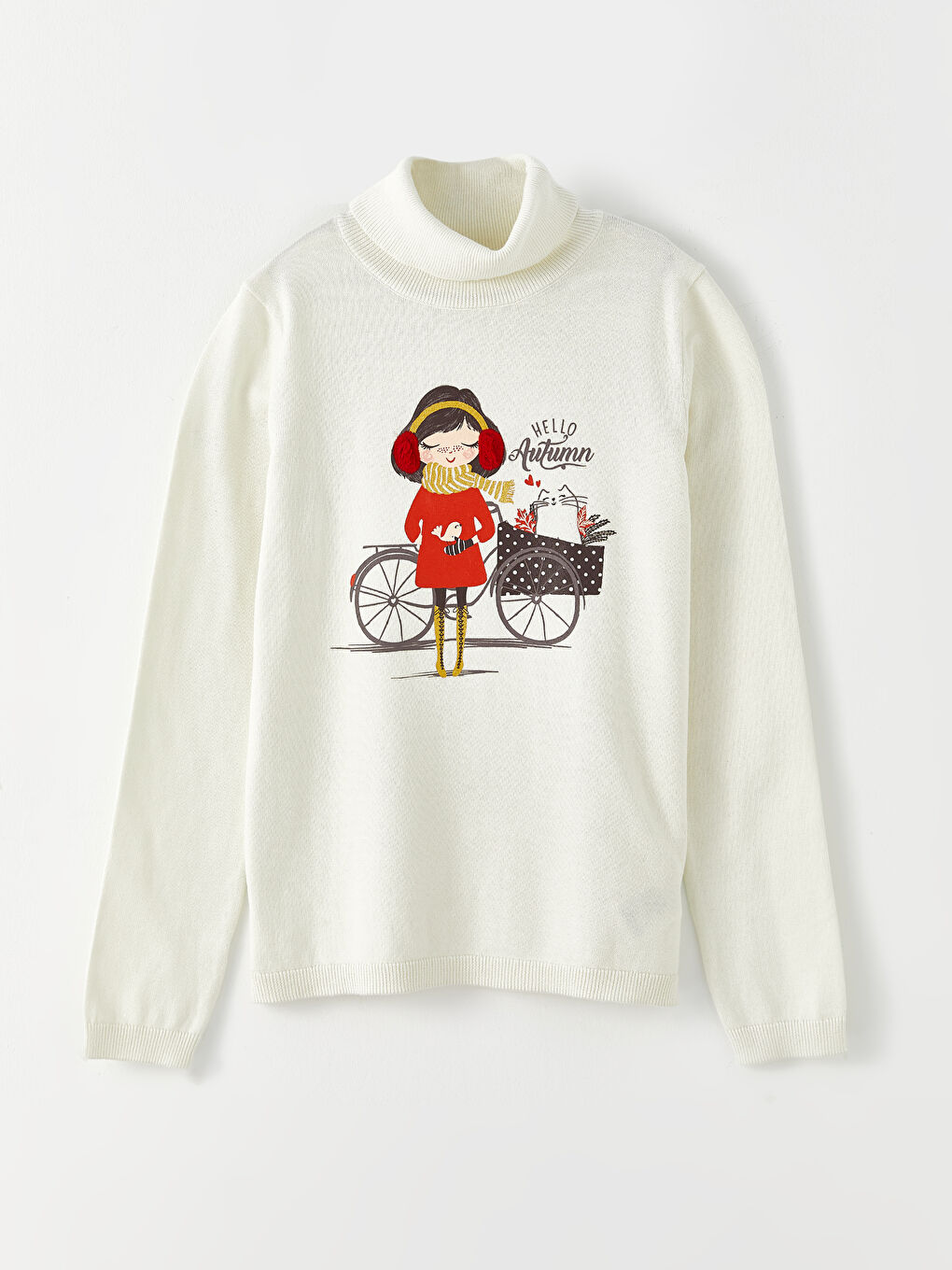 Биік жағалы принтті ұзын жеңді қыздарға арналған трикотаж жемпір