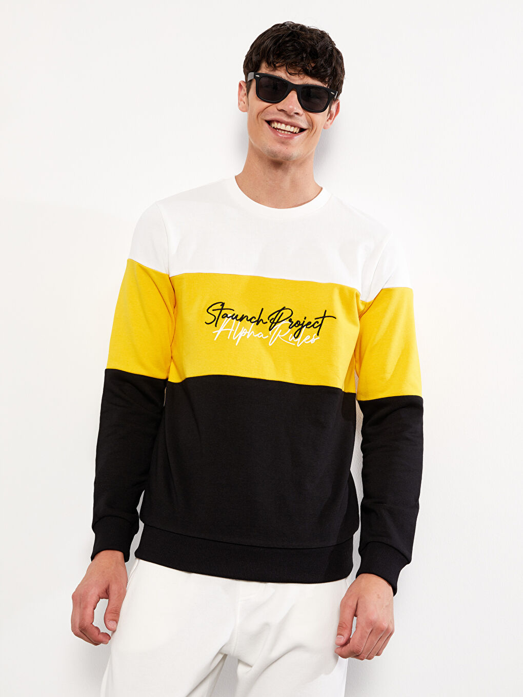 Siyah Bisiklet Yaka Uzun Kollu Renk Bloklu Erkek Sweatshirt-1