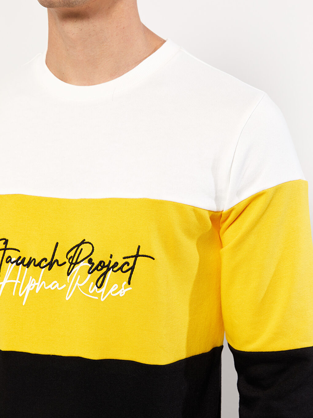 Siyah Bisiklet Yaka Uzun Kollu Renk Bloklu Erkek Sweatshirt-3