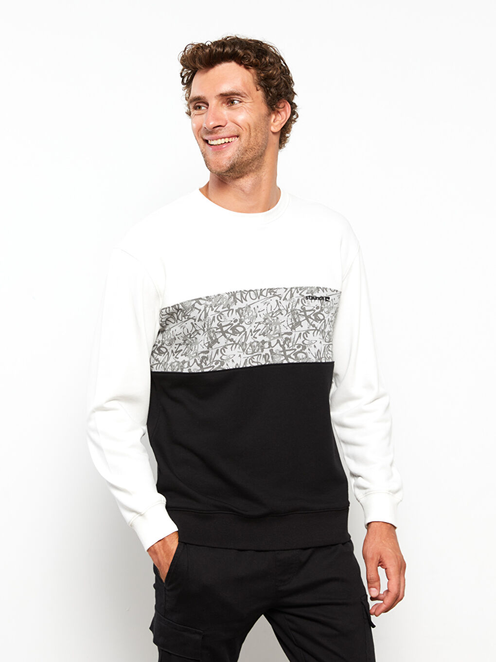 Siyah Bisiklet Yaka Uzun Kollu Renk Bloklu Erkek Sweatshirt-1