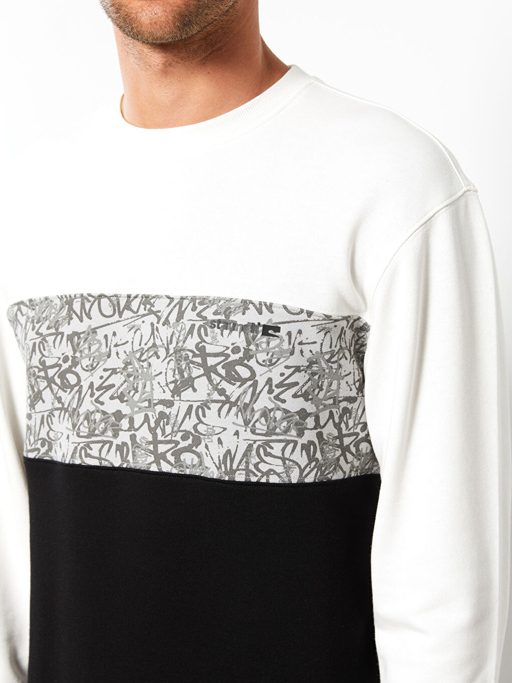 Siyah Bisiklet Yaka Uzun Kollu Renk Bloklu Erkek Sweatshirt-3