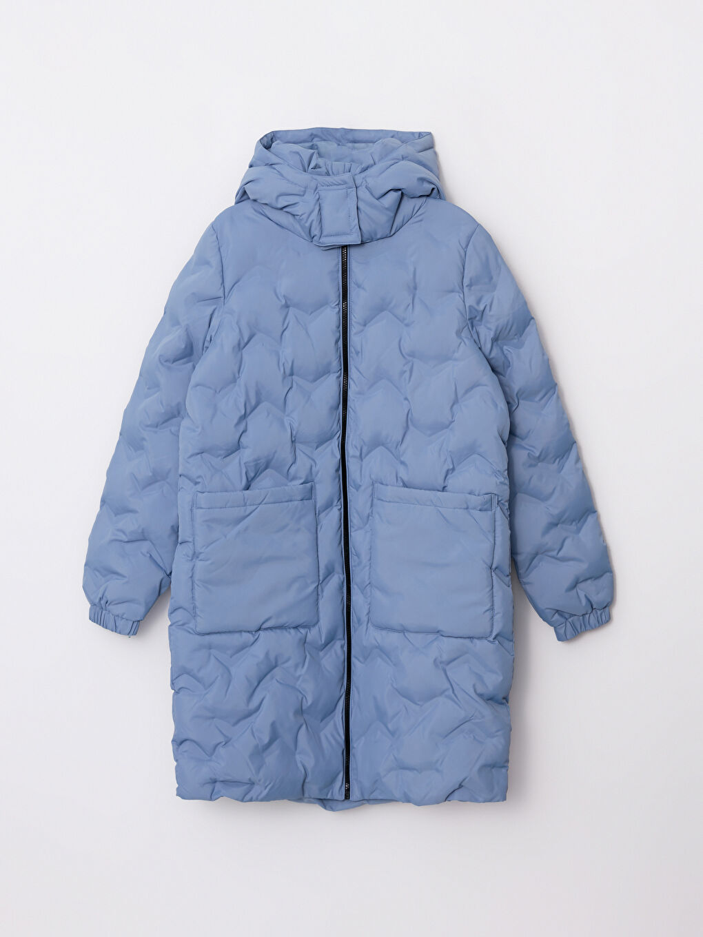 Mavi Kapüşonlu Kendinden Desenli Kadın Şişme Mont-5