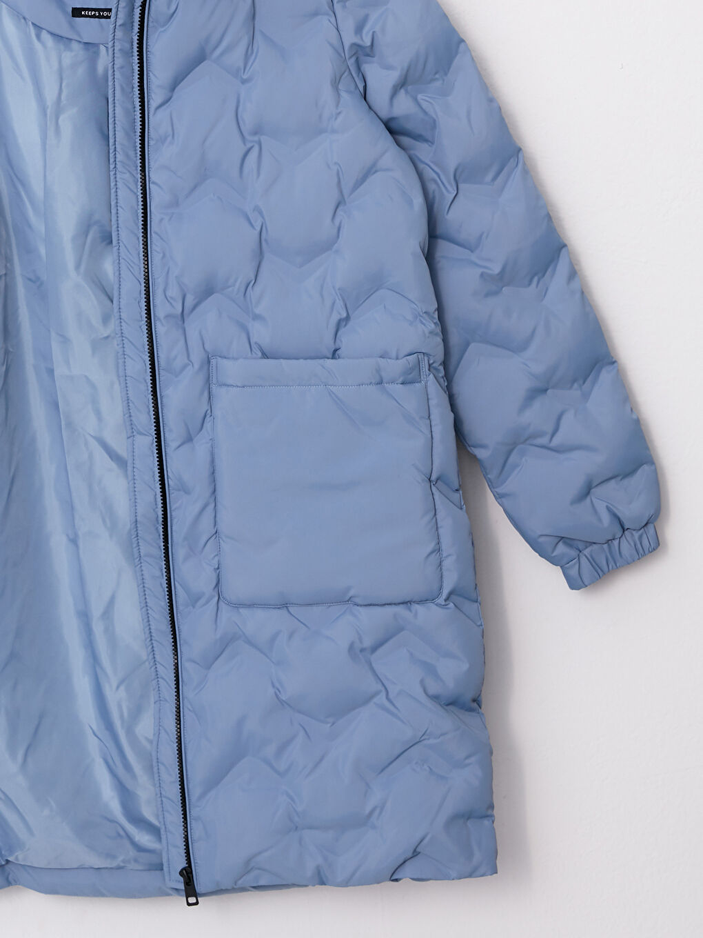 Mavi Kapüşonlu Kendinden Desenli Kadın Şişme Mont-7