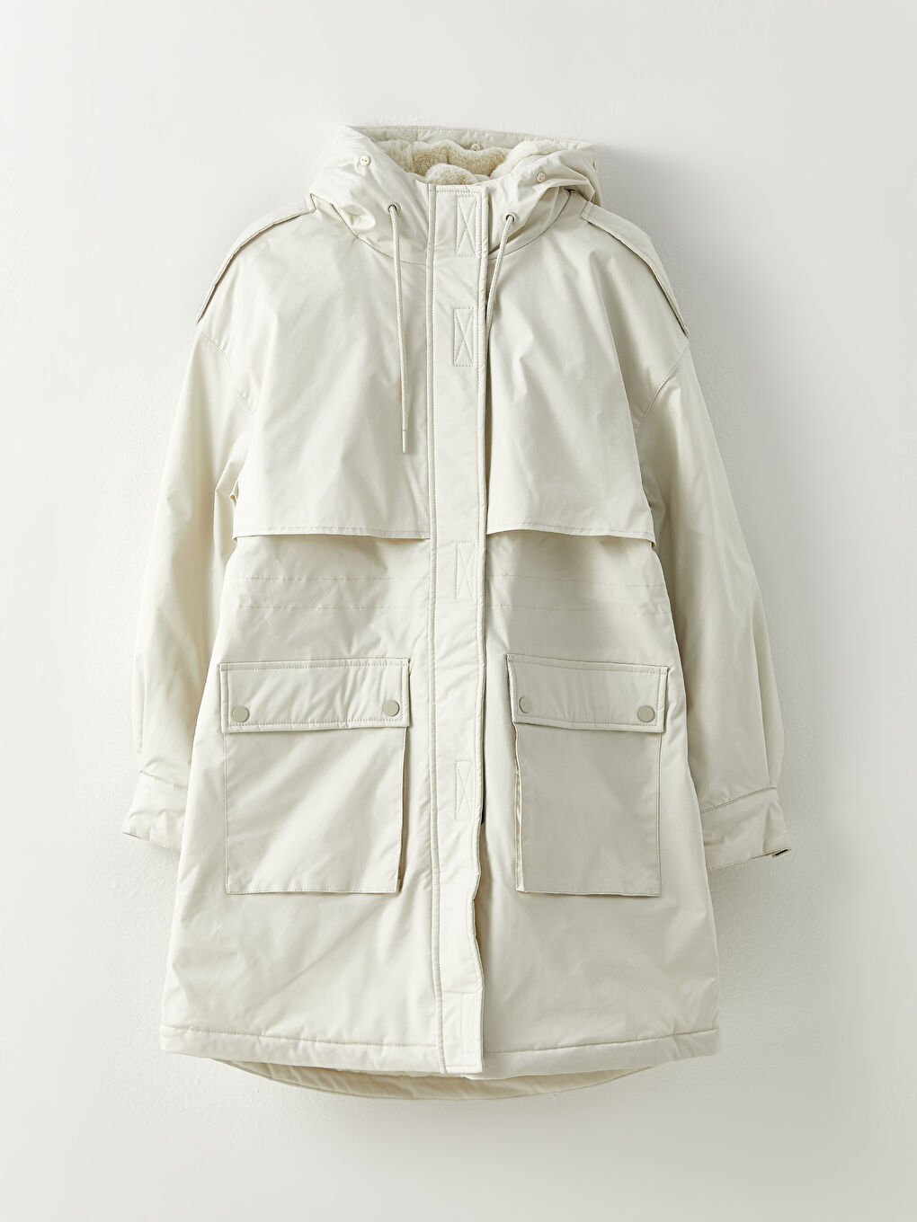 Bej Kürk Detaylı Kapüşonlu Düz Uzun Kollu Kadın Parka-7