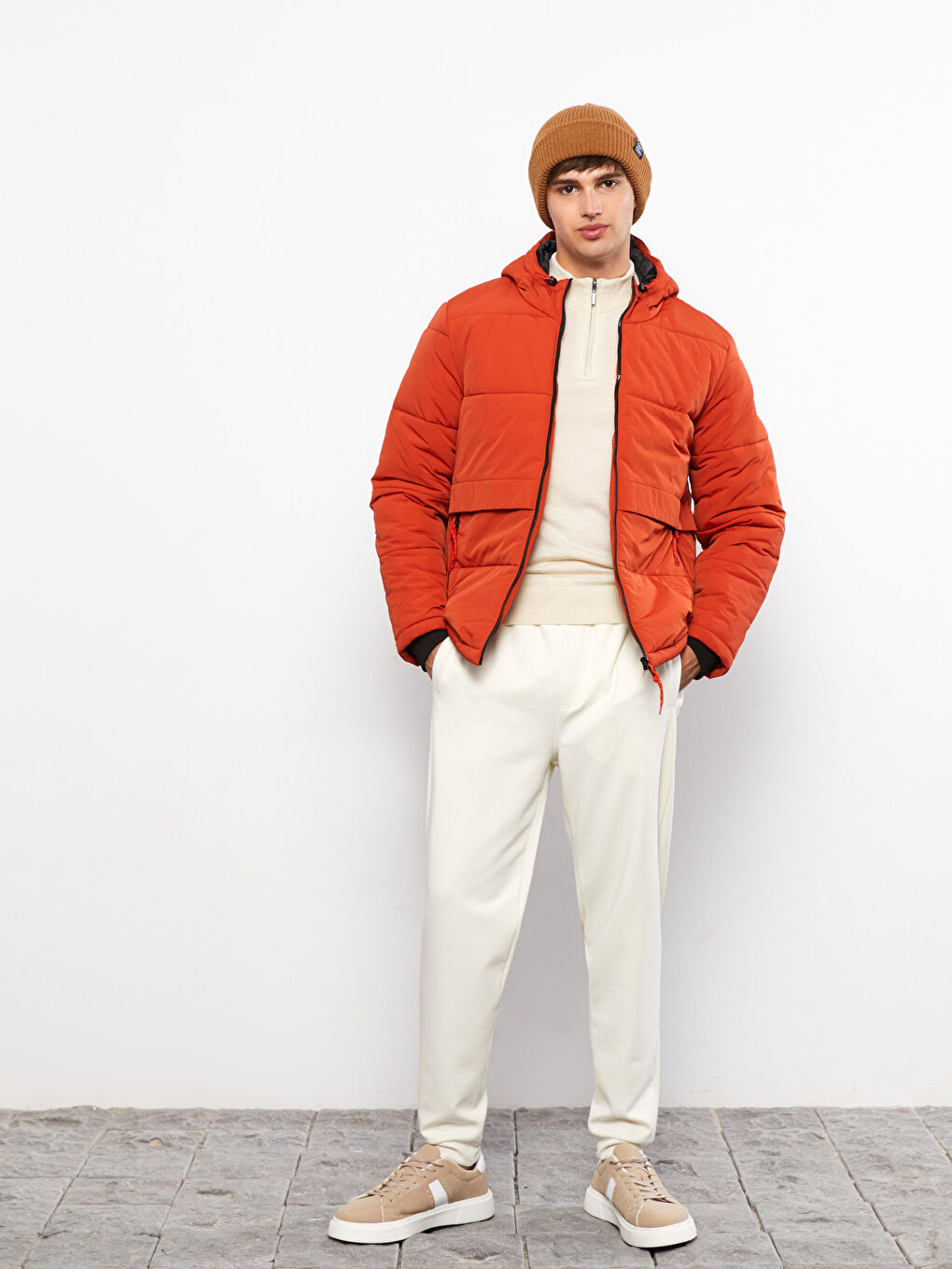 Turuncu Standart Kalıp Kapüşonlu Erkek Şişme Mont-2