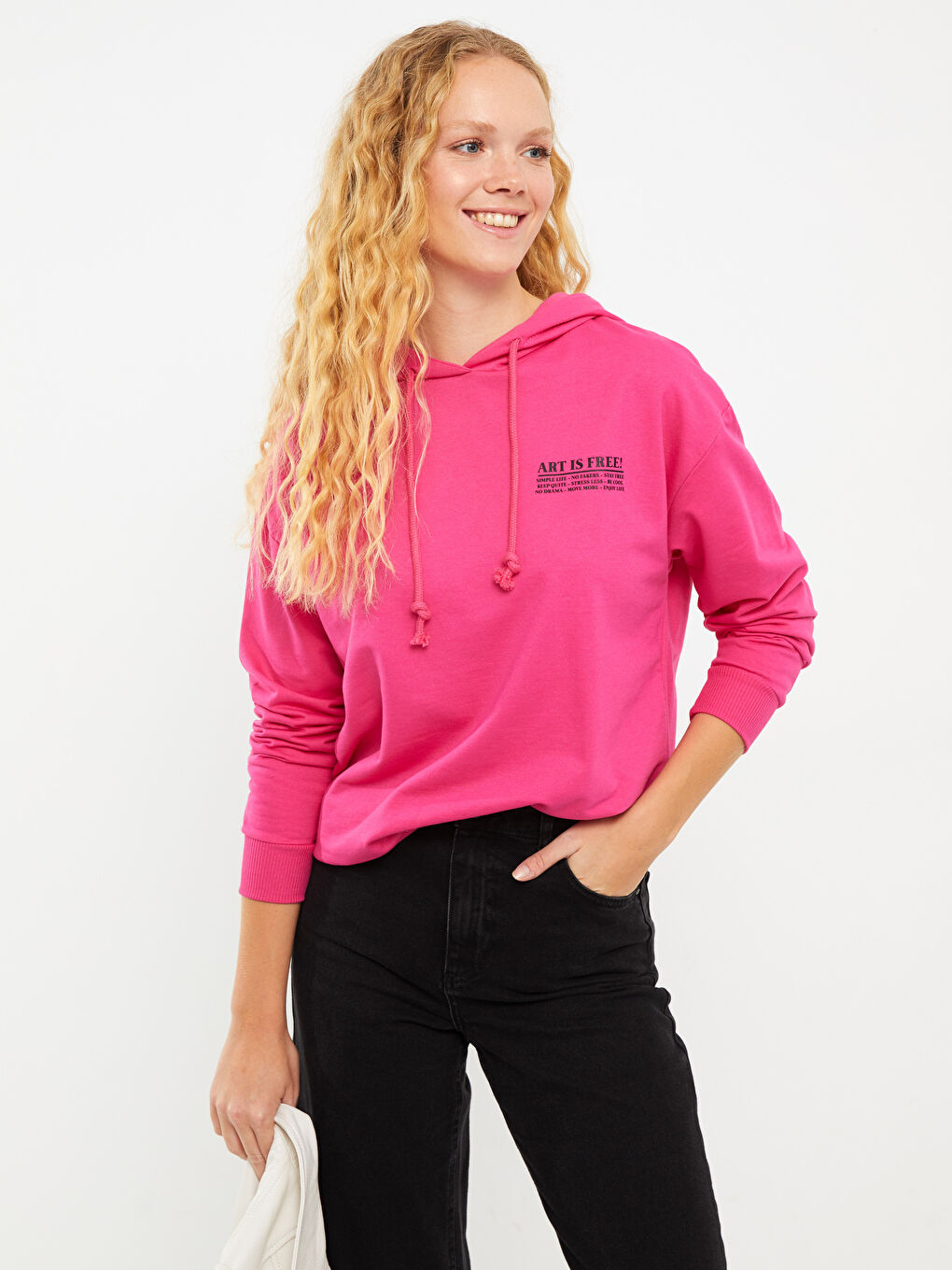 LCW Vision Koyu Pembe Kapüşonlu Baskılı Uzun Kollu Kadın Sweatshirt