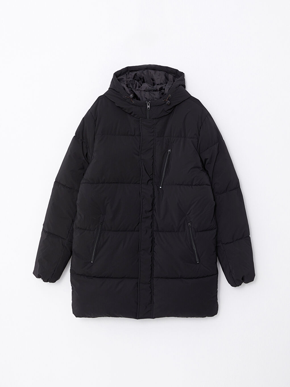 Siyah Standart Kalıp Kapüşonlu Kalın Erkek Mont-5