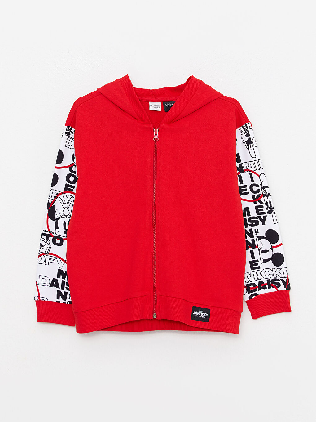 Kırmızı Kapüşonlu Minnie Mouse Baskılı Uzun Kollu Kız Çocuk Fermuarlı Sweatshirt