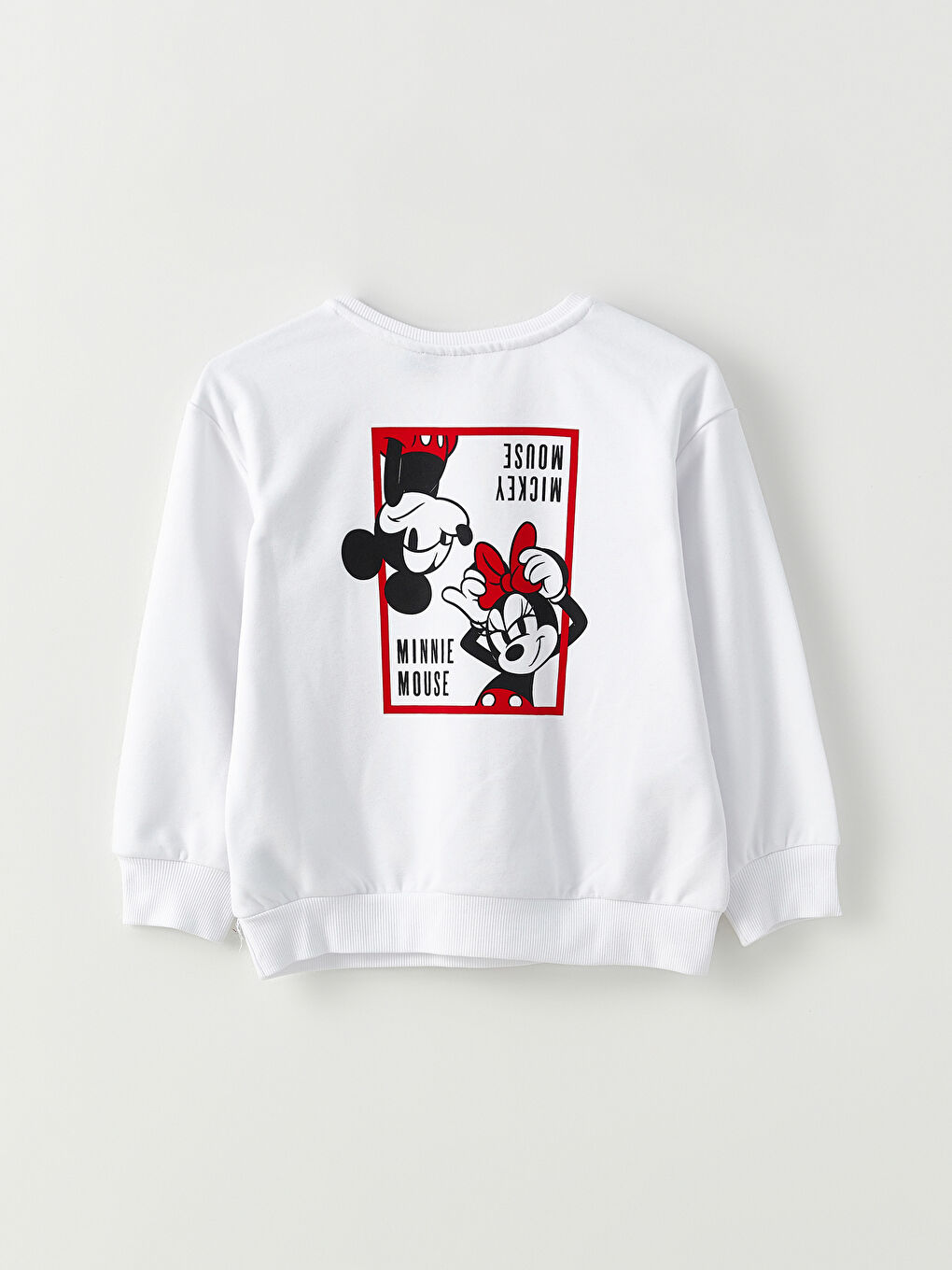 Beyaz Bisiklet Yaka Minnie ve Mickey Mouse Baskılı Uzun Kollu Kız Çocuk Sweatshirt-1
