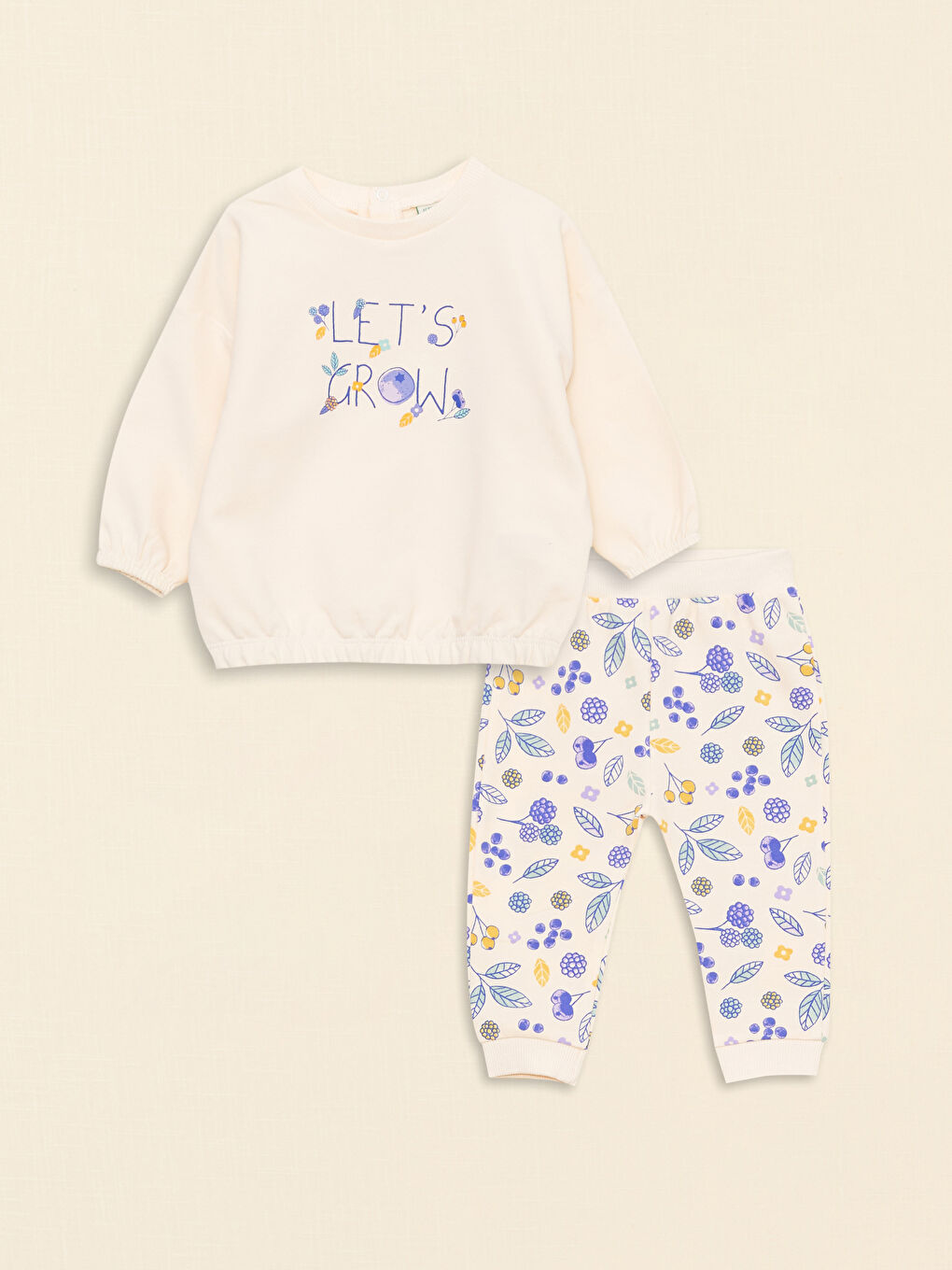 Crew Neck Long Sleeve Printed Organic Cotton Baby Girl Sweatshirt and Trousers 2-Pack Set