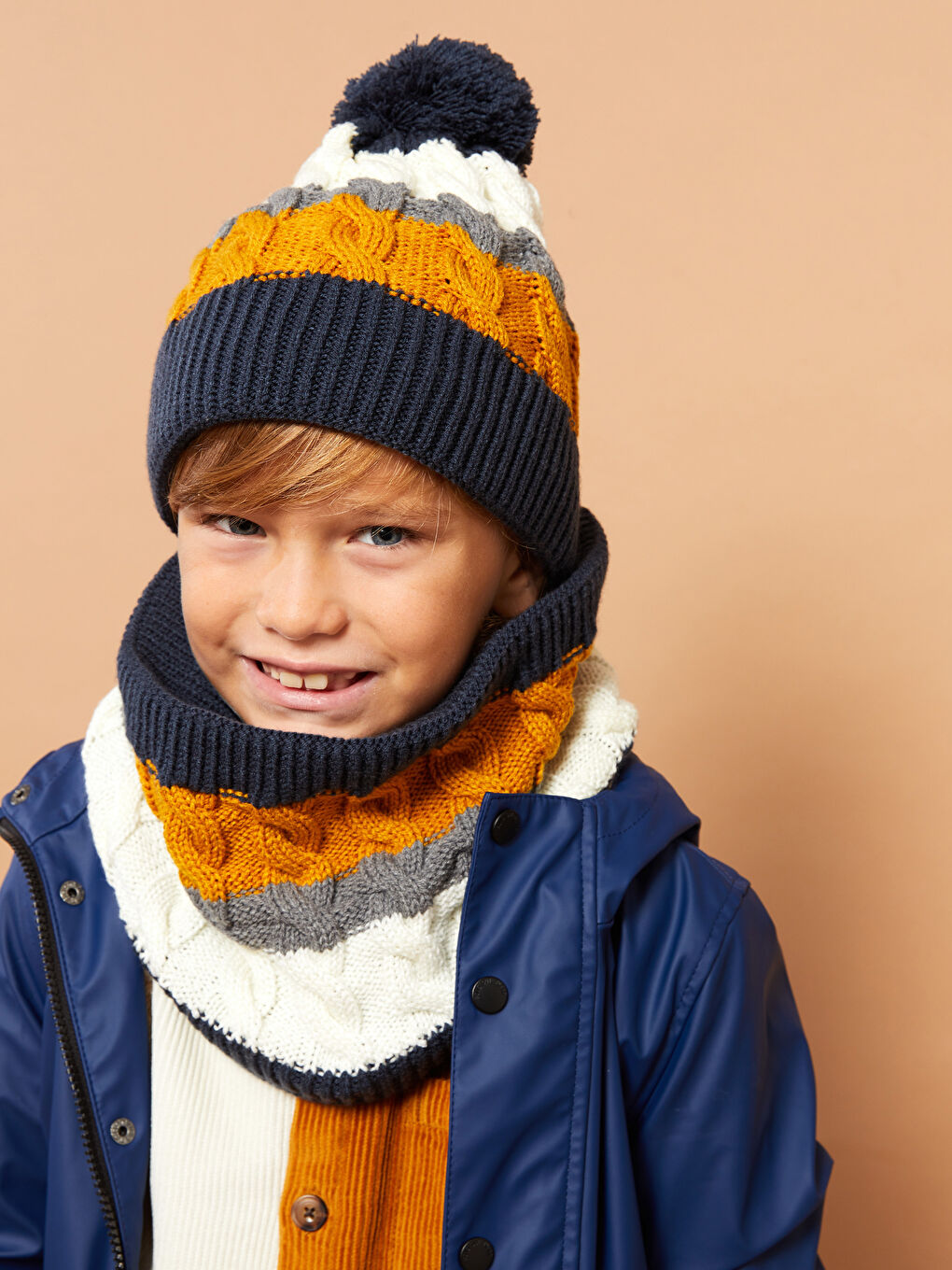 Color Block Pompom Boy Cap and Neck Collar