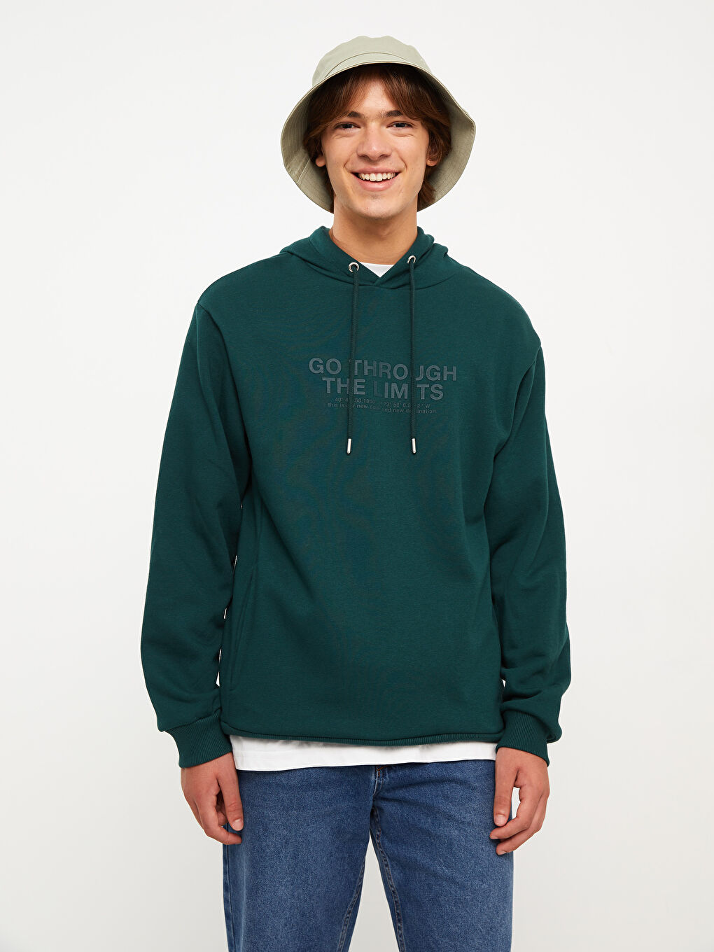 XSIDE Koyu Yeşil Uzun Kollu Baskılı Erkek Hoodie - 1