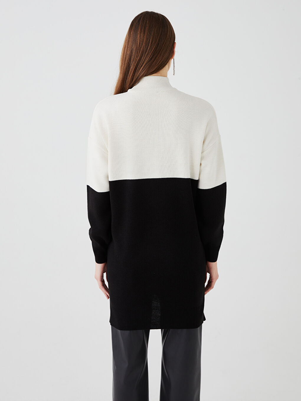 Siyah Yarım Balıkçı Yaka Renk Bloklu Uzun Kollu Kadın Triko Tunik-4