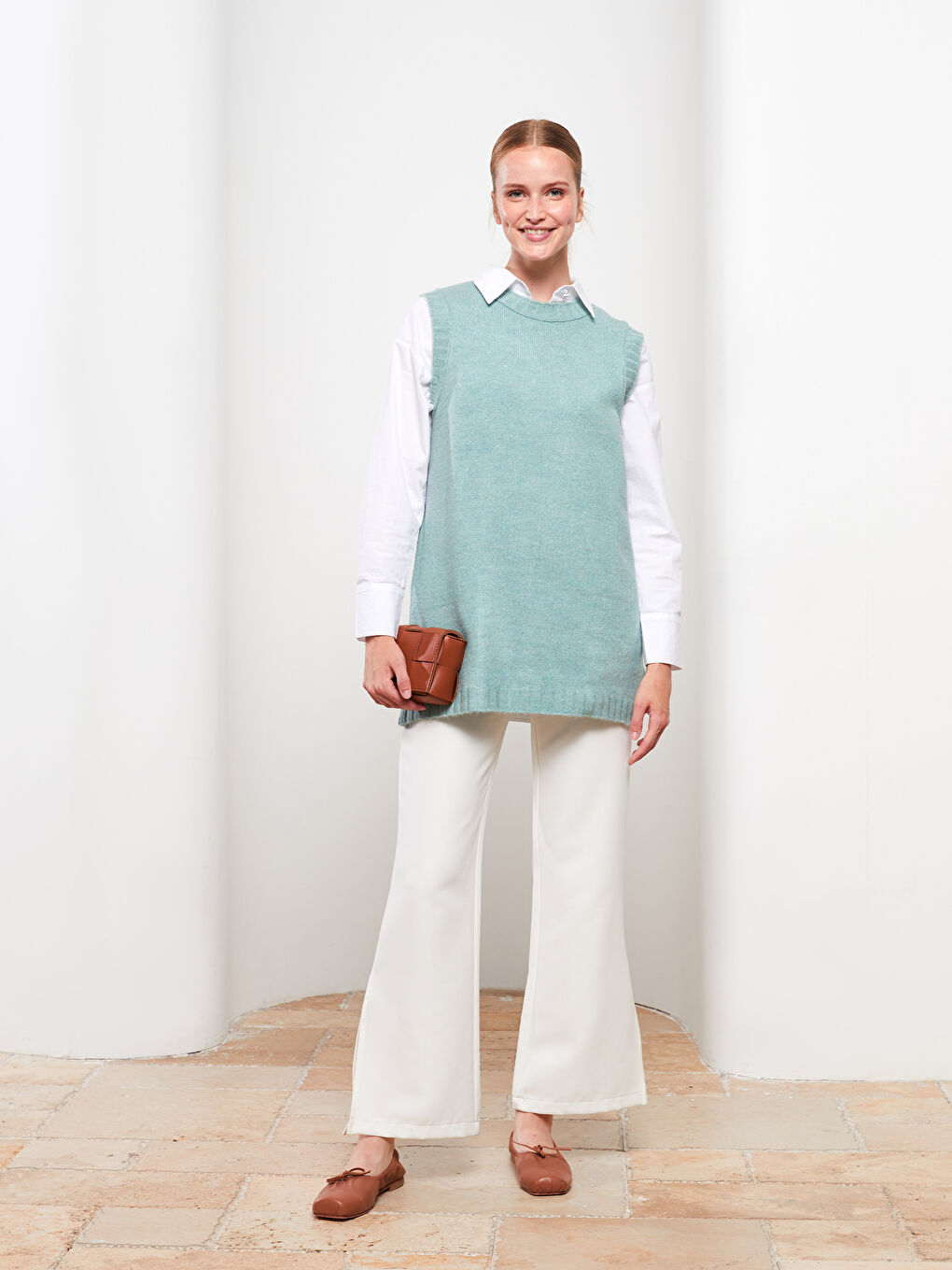 Yeşil Kadın Bisiklet Yaka Düz Triko Süveter