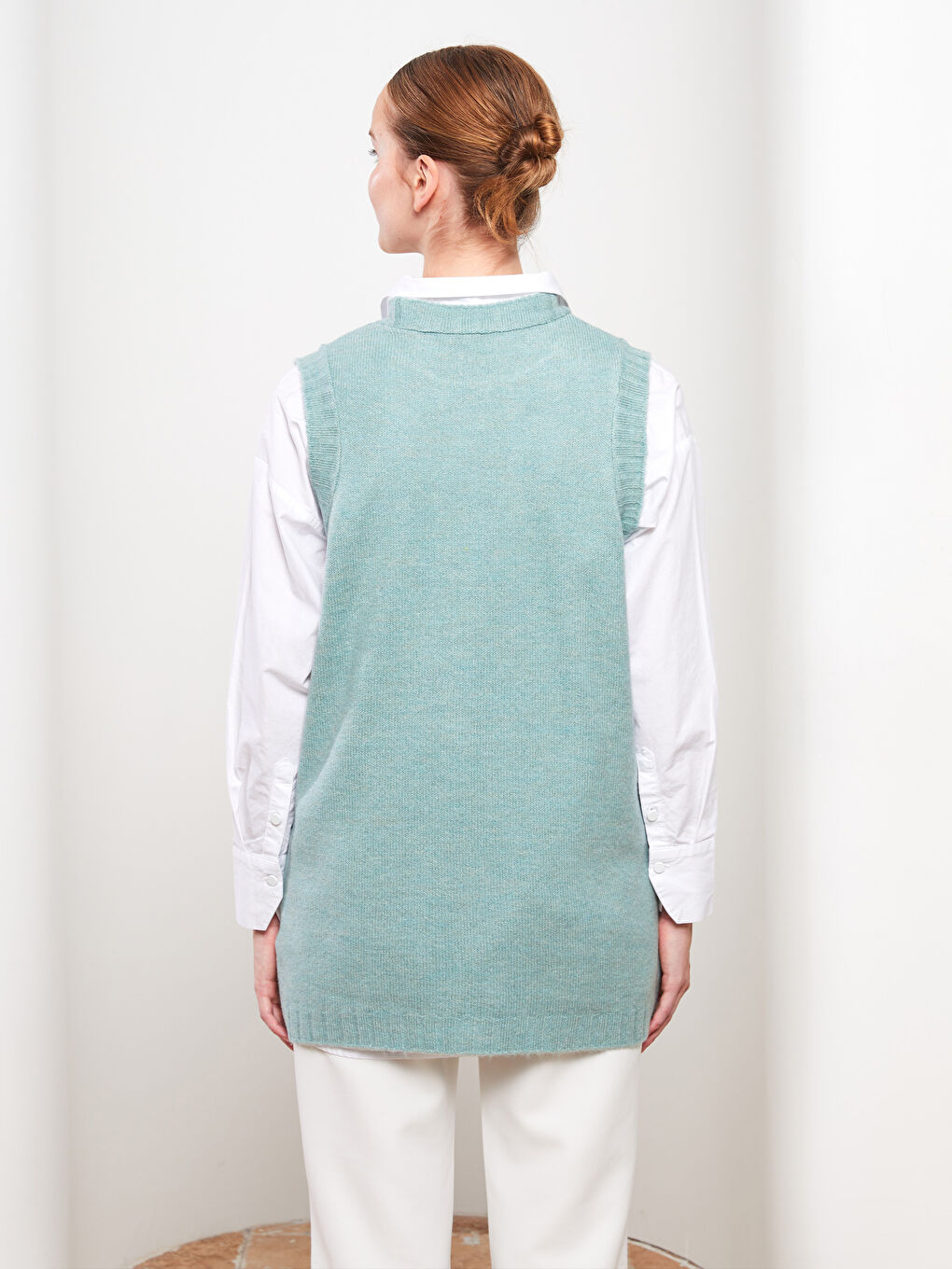 Yeşil Kadın Bisiklet Yaka Düz Triko Süveter-1