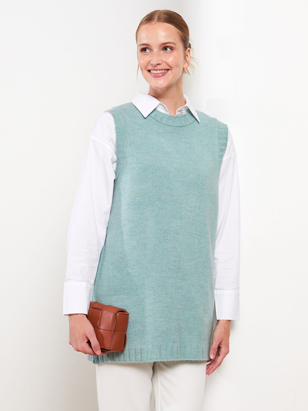 Yeşil Kadın Bisiklet Yaka Düz Triko Süveter-2