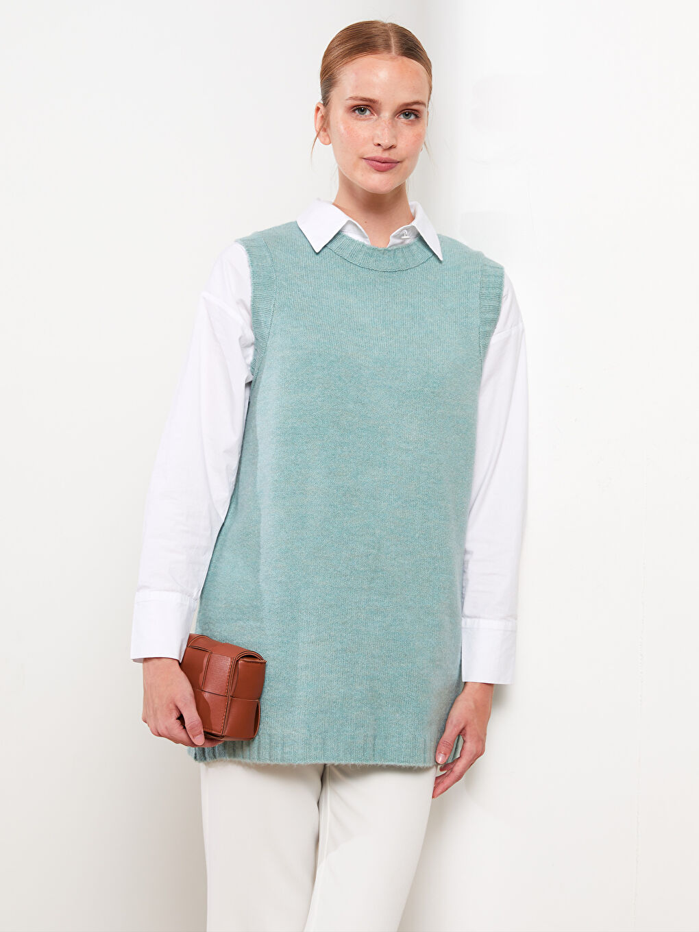 Yeşil Kadın Bisiklet Yaka Düz Triko Süveter-3