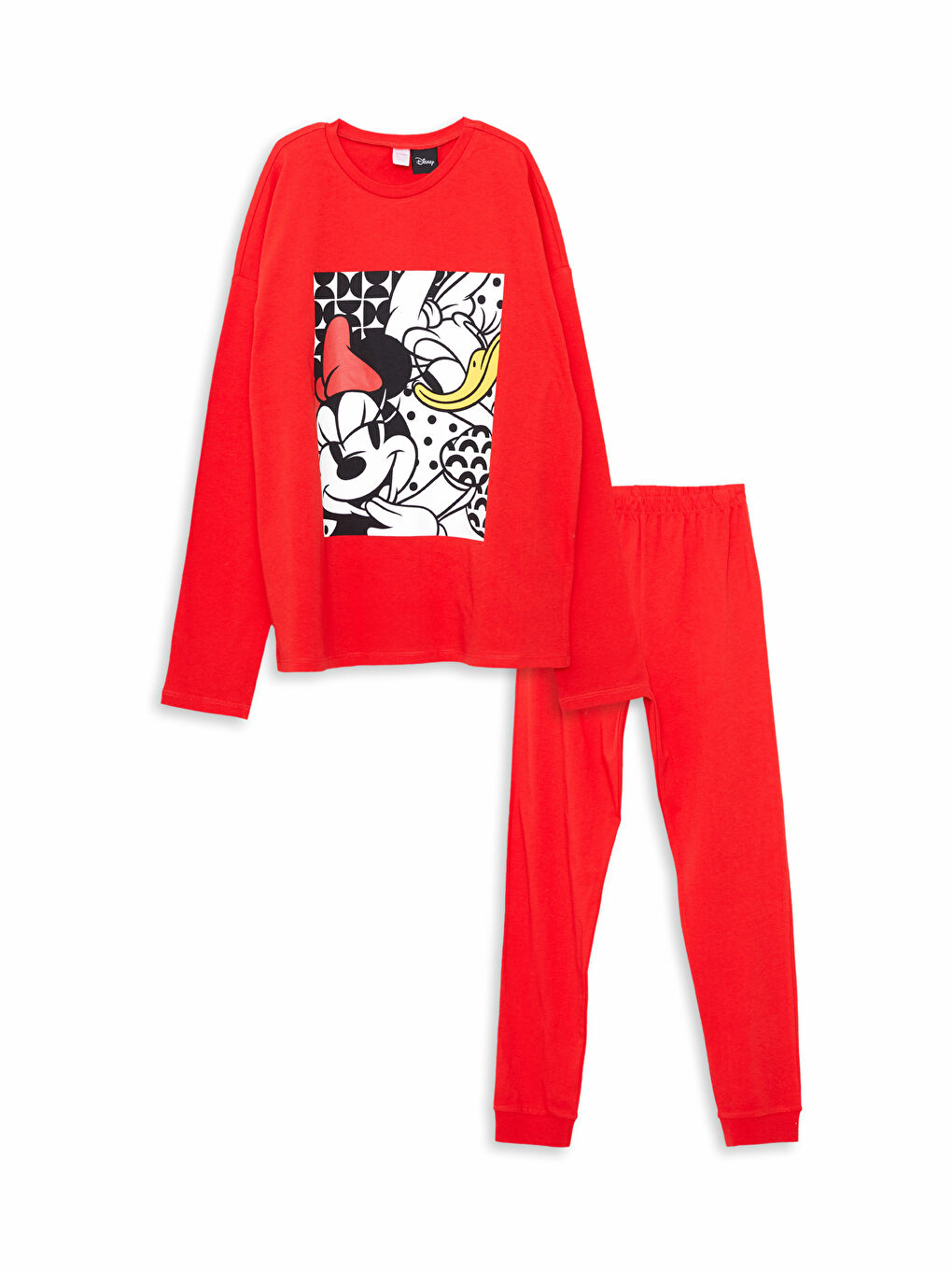 Kırmızı Bisiklet Yaka Minnie Mouse Baskılı Uzun Kollu Kız Çocuk Pijama Takımı