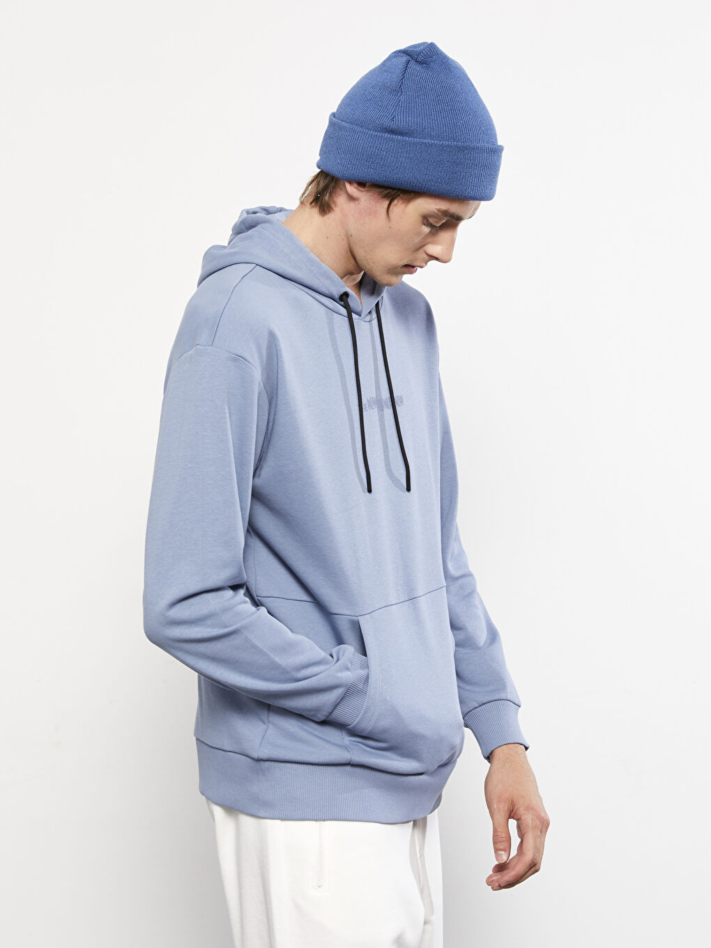 Mavi Uzun Kollu Baskılı Erkek Hoodie