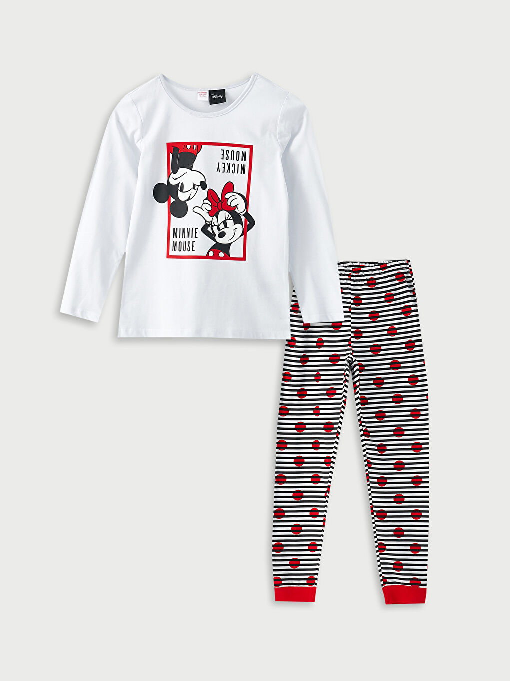 Beyaz Bisiklet Yaka Minnie ve Mickey Mouse Baskılı Uzun Kollu Kız Çocuk Pijama Takımı