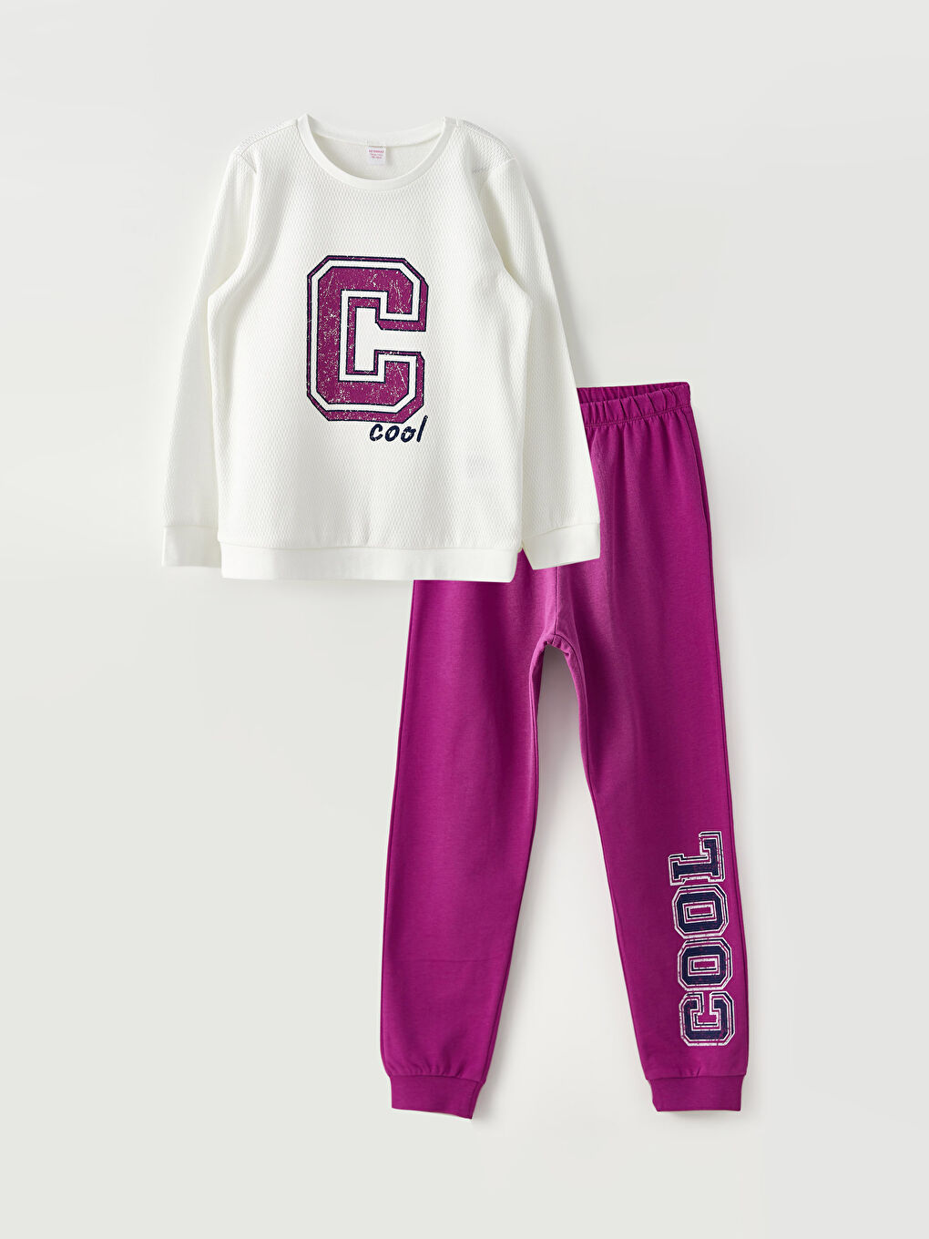 Ekru Bisiklet Yaka Baskılı Uzun Kollu Kız Çocuk Pijama Takımı