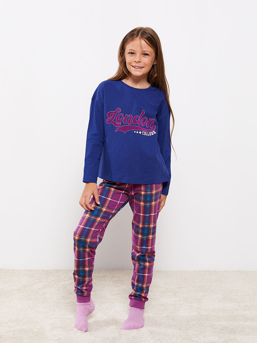 Crew Neck Printed Long Sleeve Girls' Pyjama Set-4