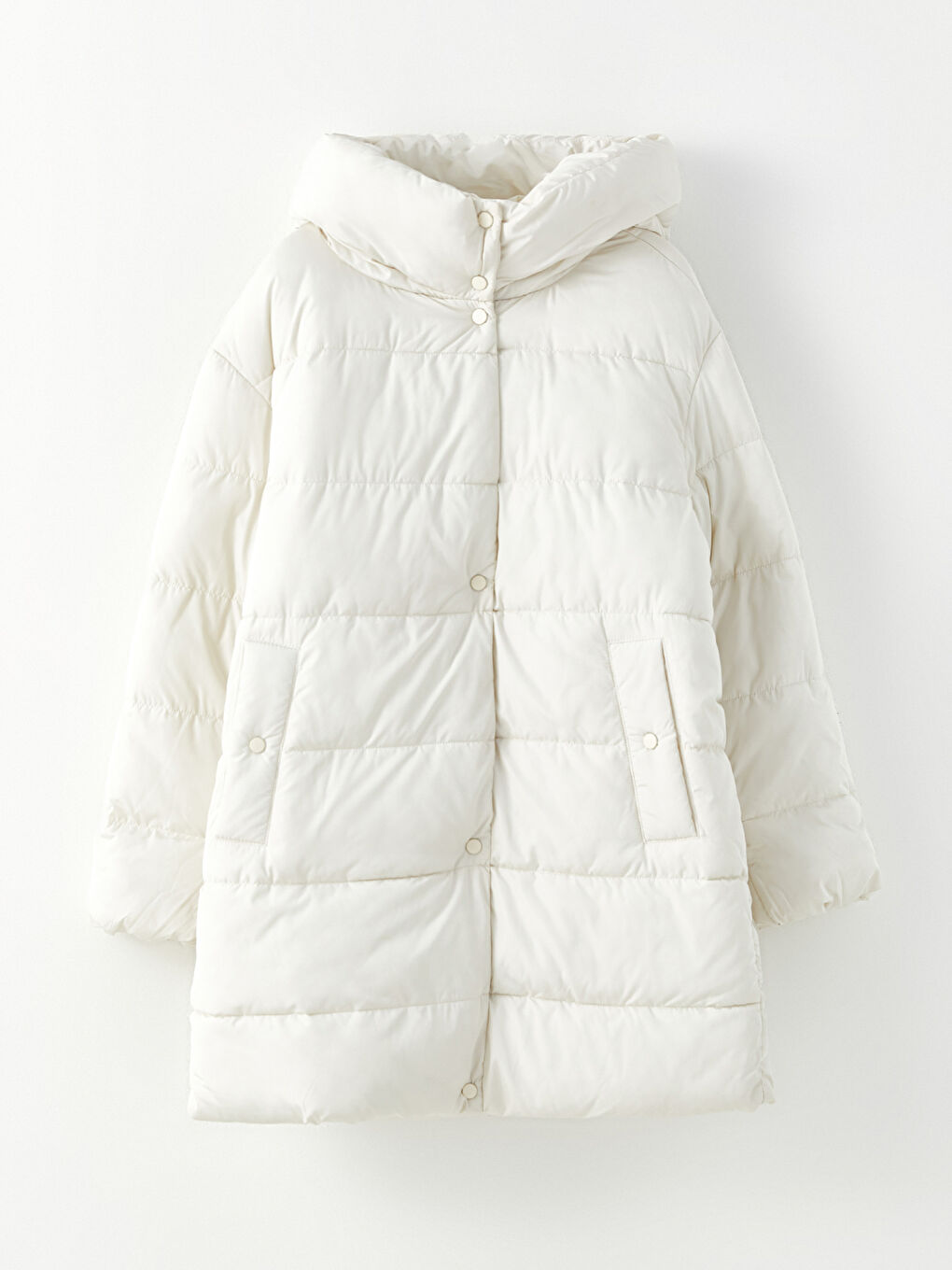 Ekru Kadın Kapüşonlu Düz Şişme Mont-6