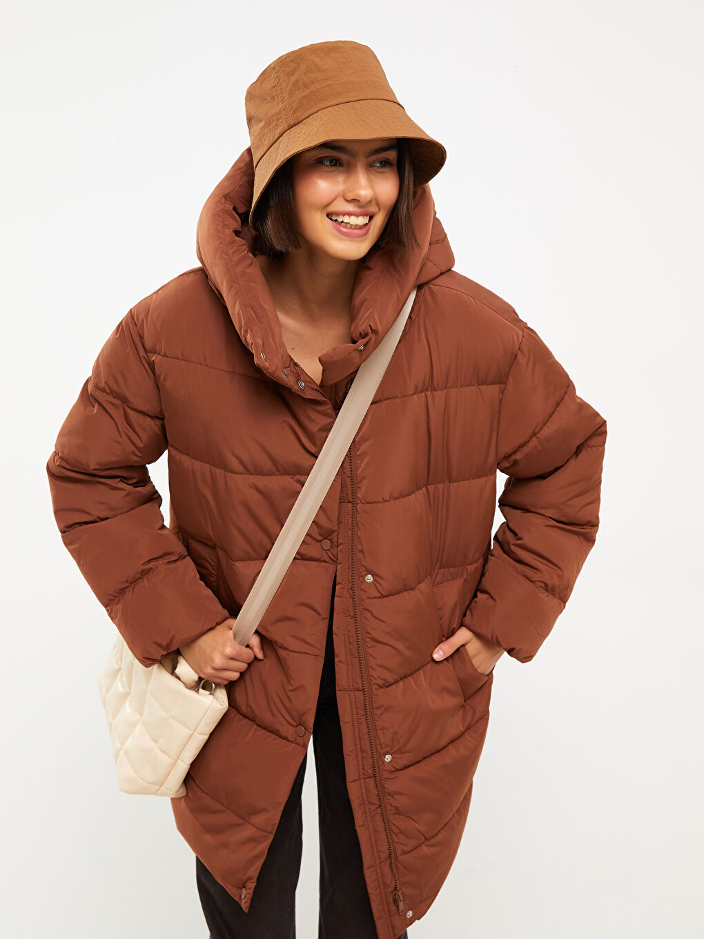 Women's Hooded Plain Puffer Coat-2