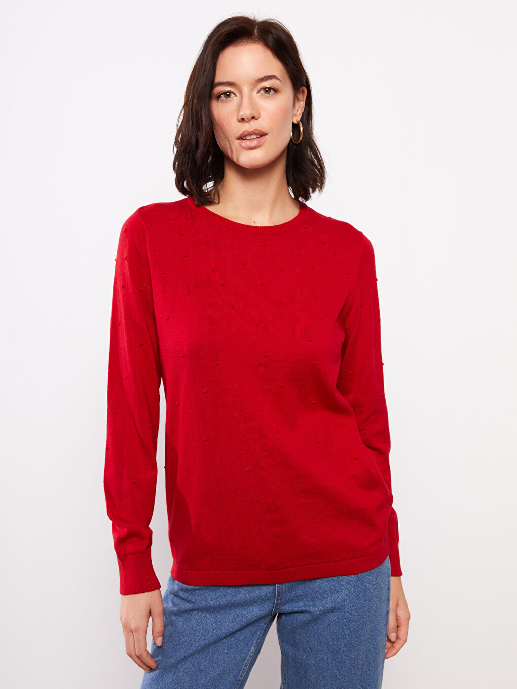Crew Neck Self Patterned Long Sleeve Women's Knitwear Sweater