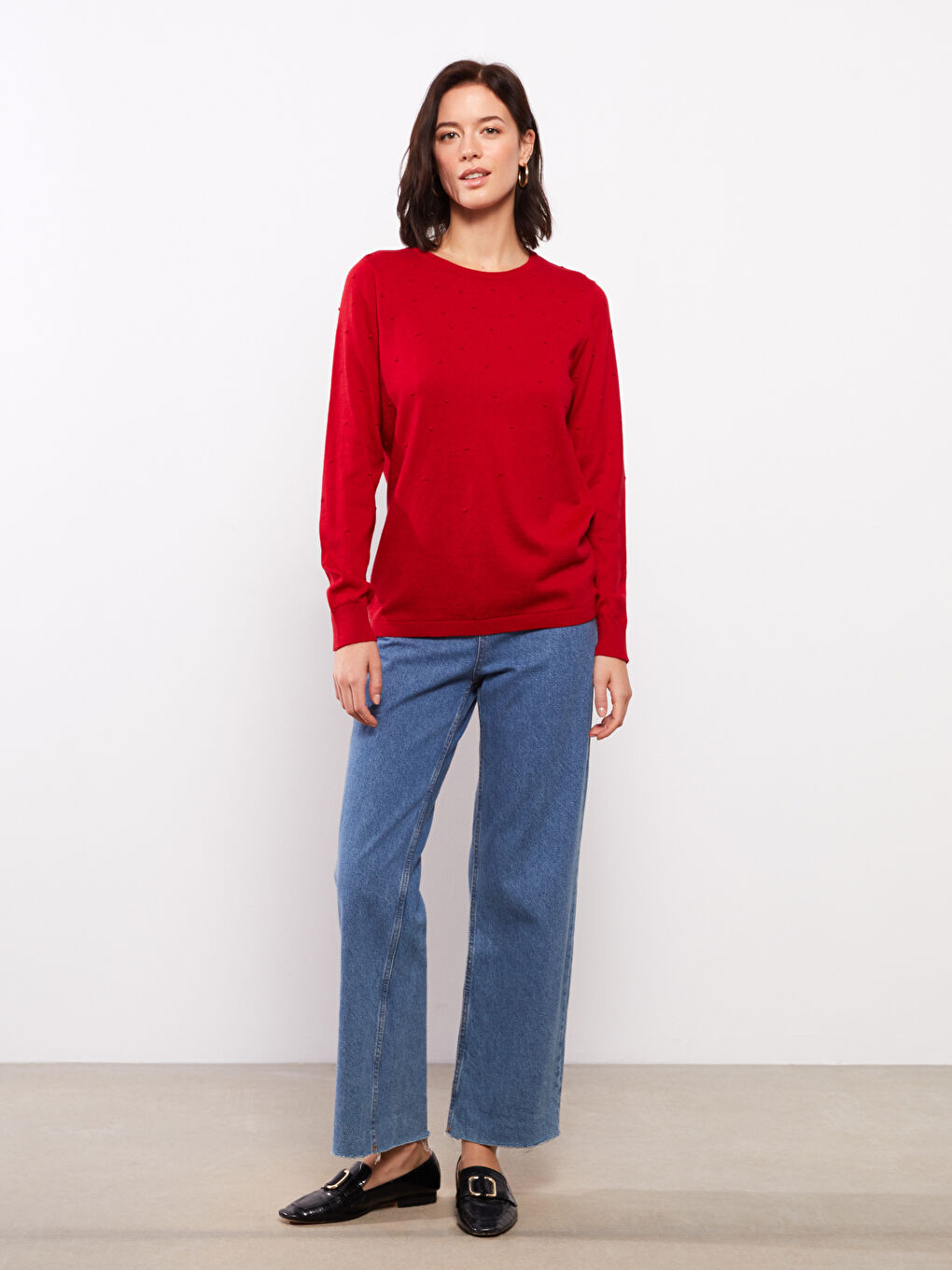Crew Neck Self Patterned Long Sleeve Women's Knitwear Sweater-1