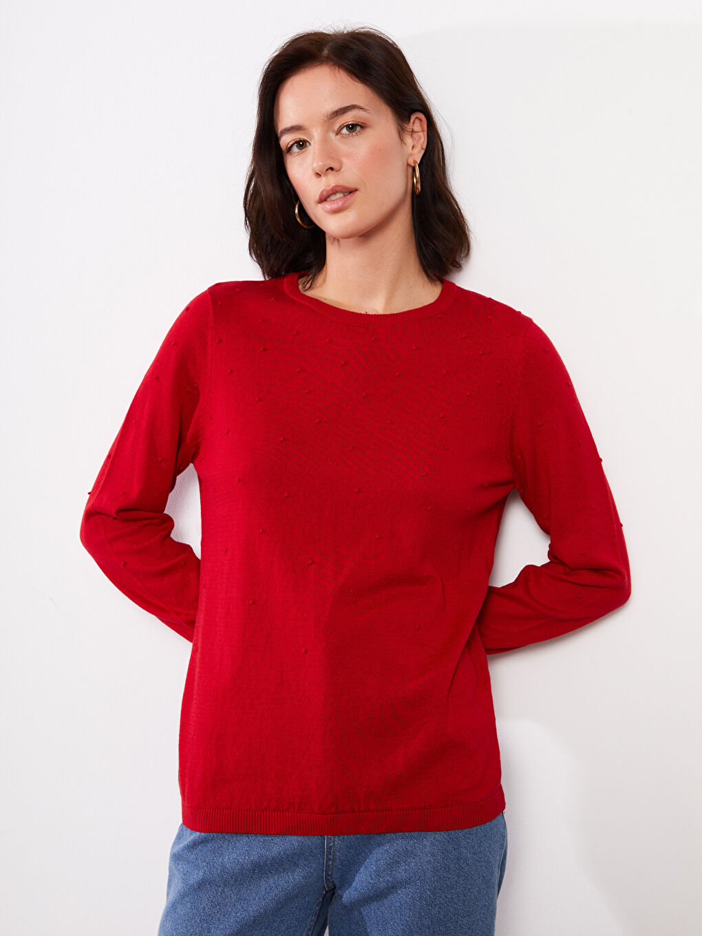 Crew Neck Self Patterned Long Sleeve Women's Knitwear Sweater-2