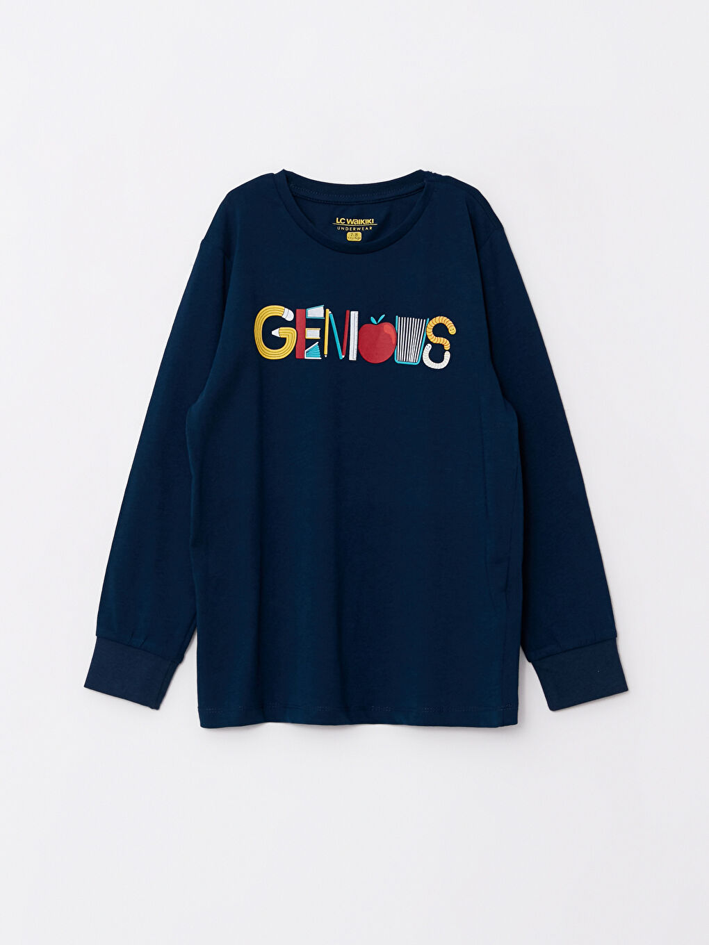 Lacivert Bisiklet Yaka Baskılı Uzun Kollu Erkek Çocuk Pijama Takımı-1