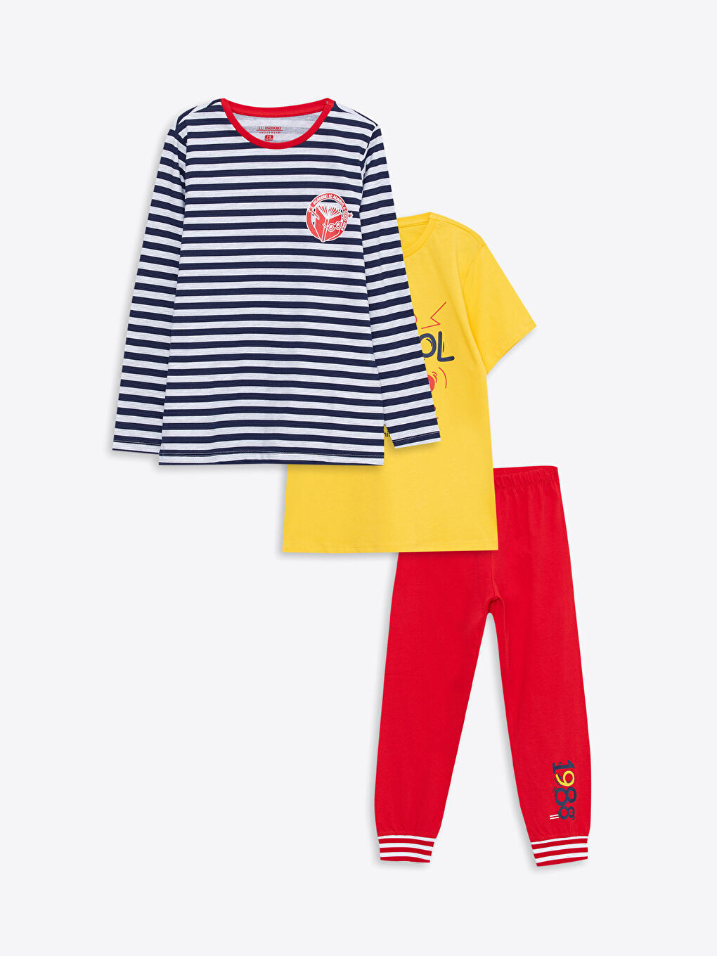 Sarı Bisiklet Yaka Baskılı Erkek Çocuk Pijama Takımı 3'lü